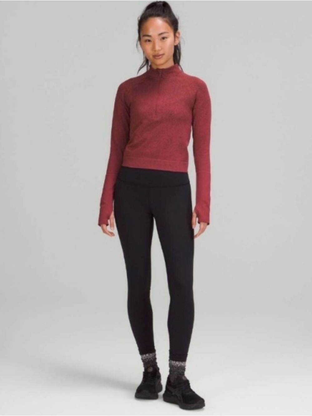 Lululemon Rest Less Cropped Half-Zip 
Herringbone Fade Mulled Wine/French Press